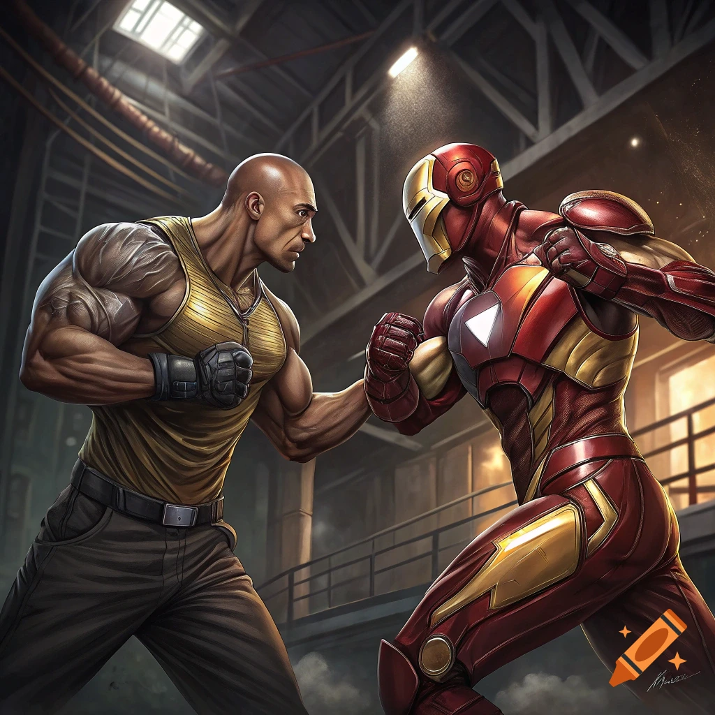 The Rock and Iron Man fight in an industrial warehouse.