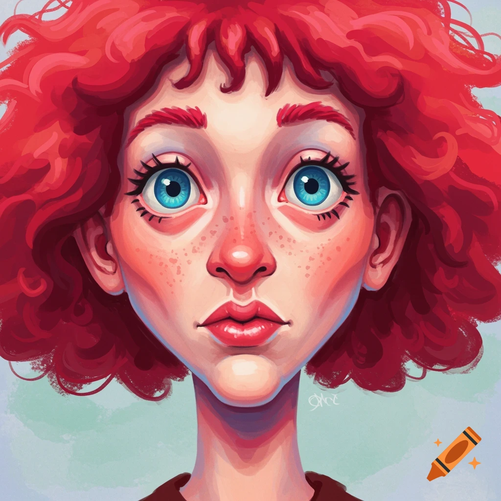 Stylized portrait of a person with red hair, freckles, and wide blue eyes.