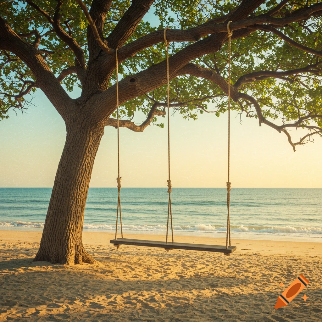 A swing hangs from a tree over a sandy beach with the ocean behind it.