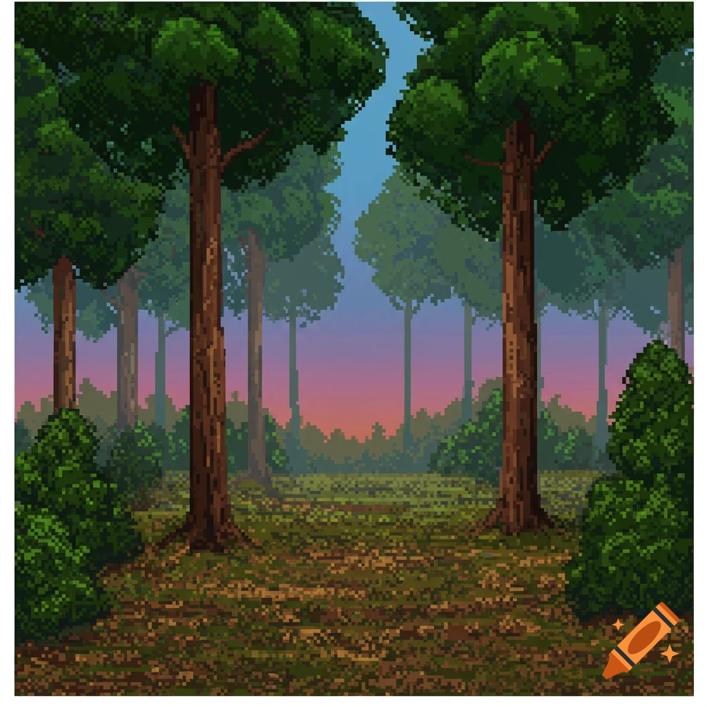 Pixel art forest background with trees and undergrowth at sunset or sunrise.