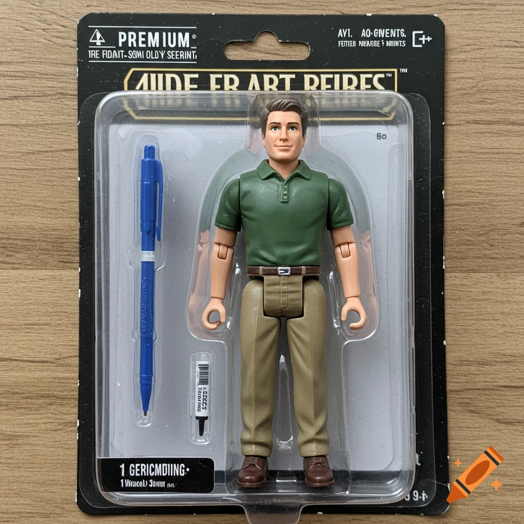 An action figure in a green polo shirt and khaki pants, packaged with a blue pen.