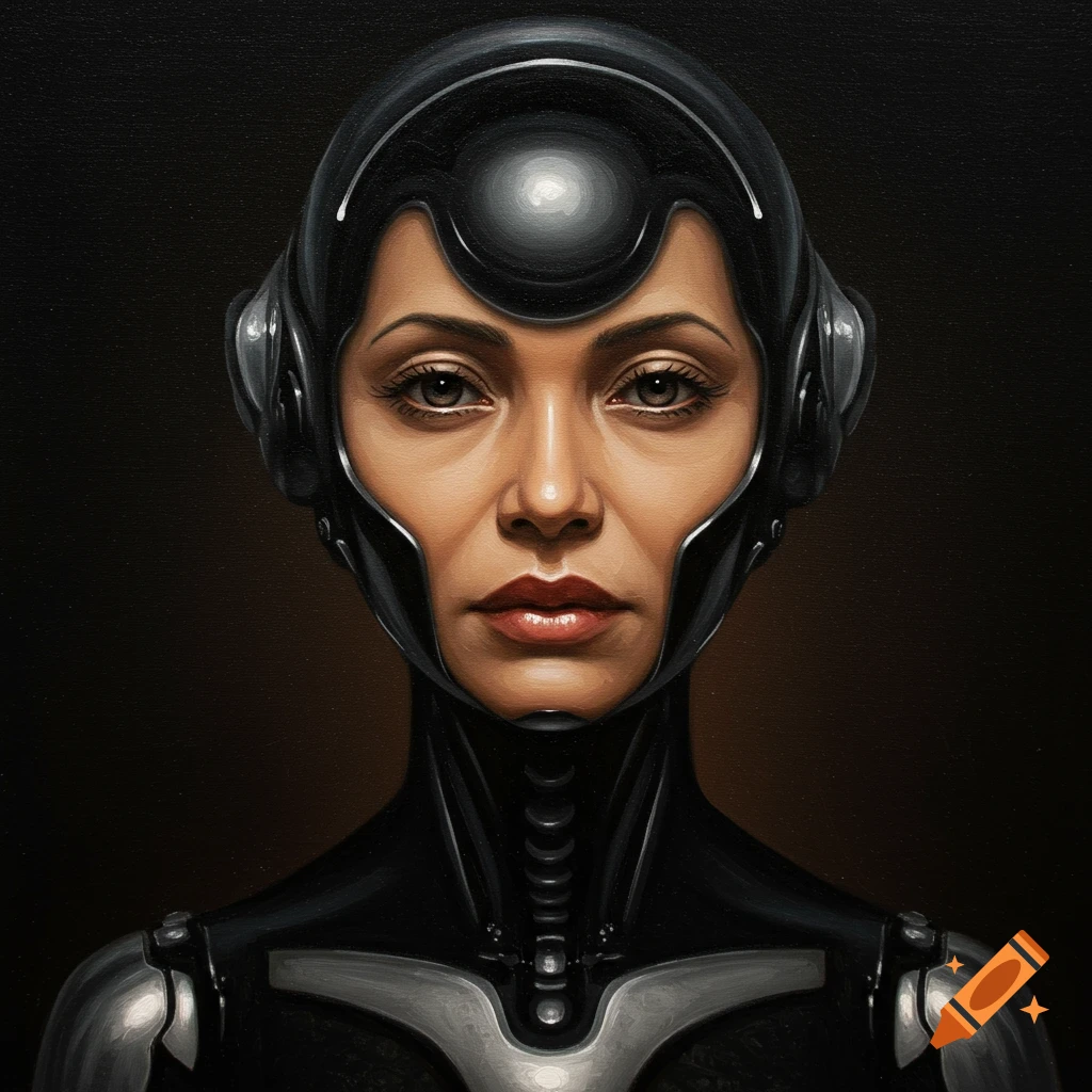 Oil painting portrait of a woman in futuristic black and chrome armor