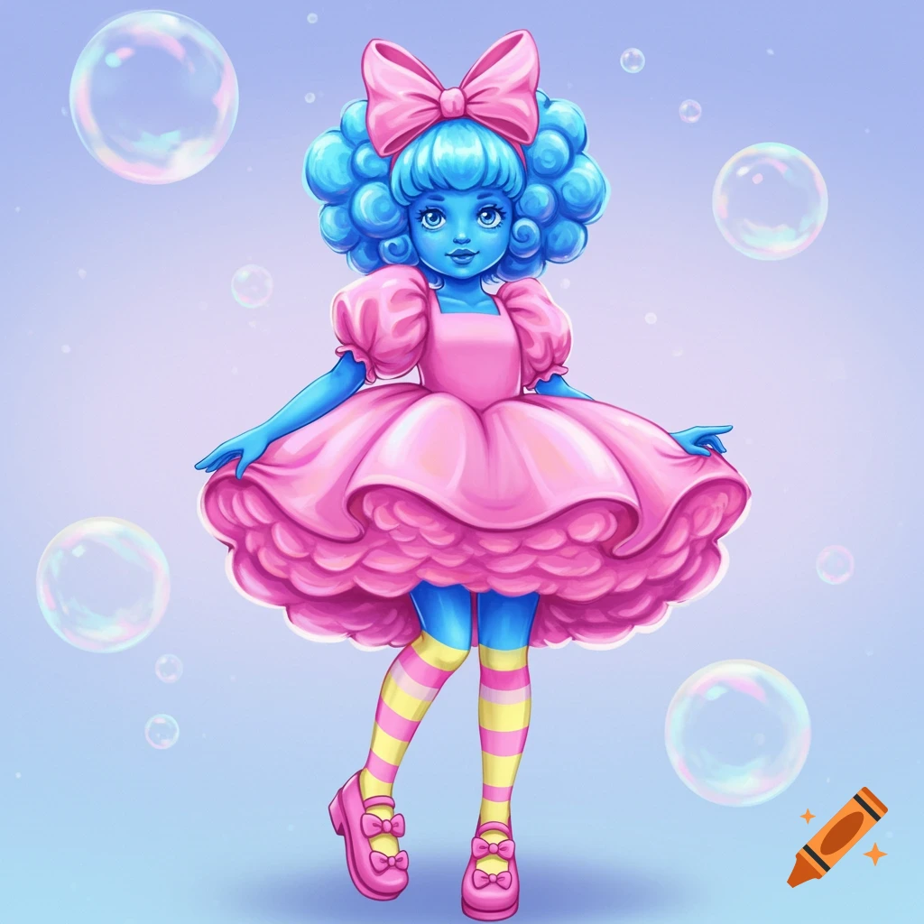 Whimsical depiction of a blue-skinned girl in a pink dress and striped socks surrounded by bubbles.