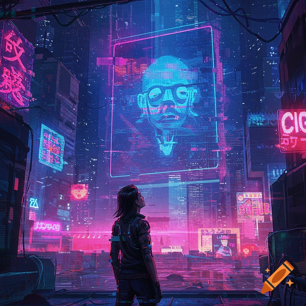 Person in a cyberpunk city looks up at a large holographic face projection.