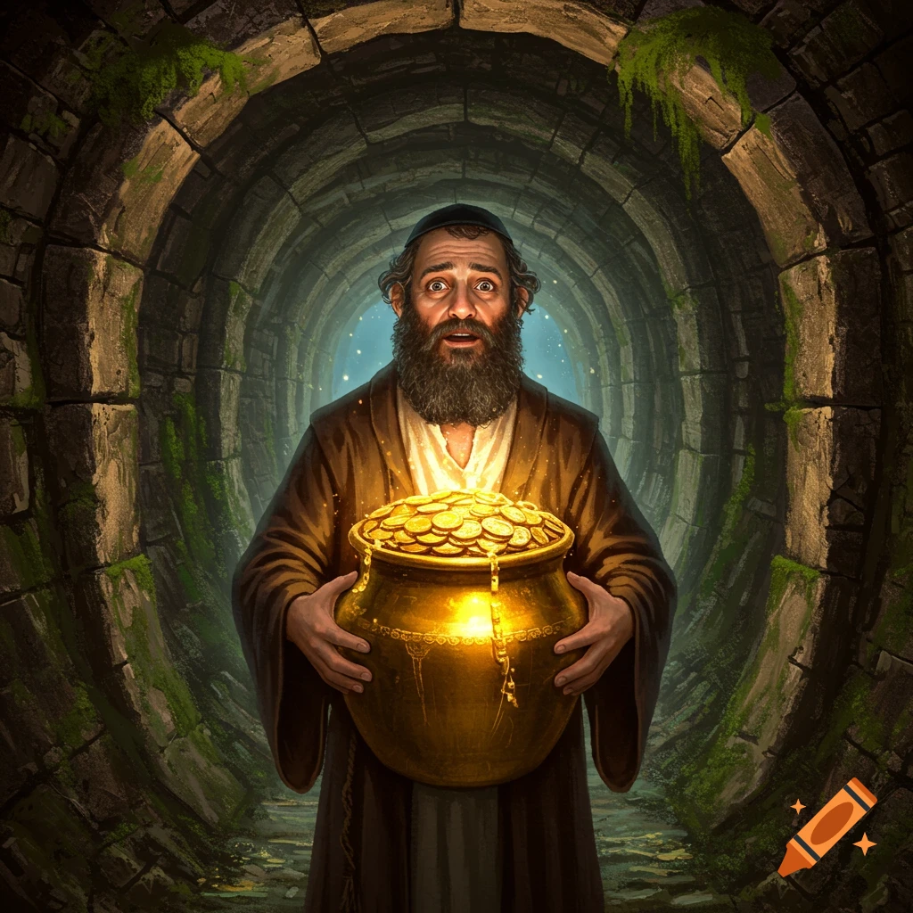 A bearded man holds a large pot of gold in a dark, mossy tunnel.