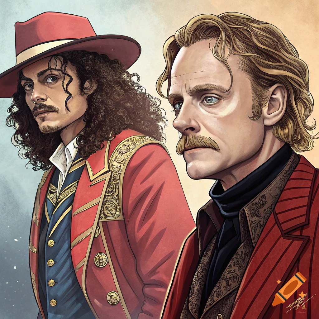 Two men in theatrical red costumes with gold trim and mustaches in an illustration style.