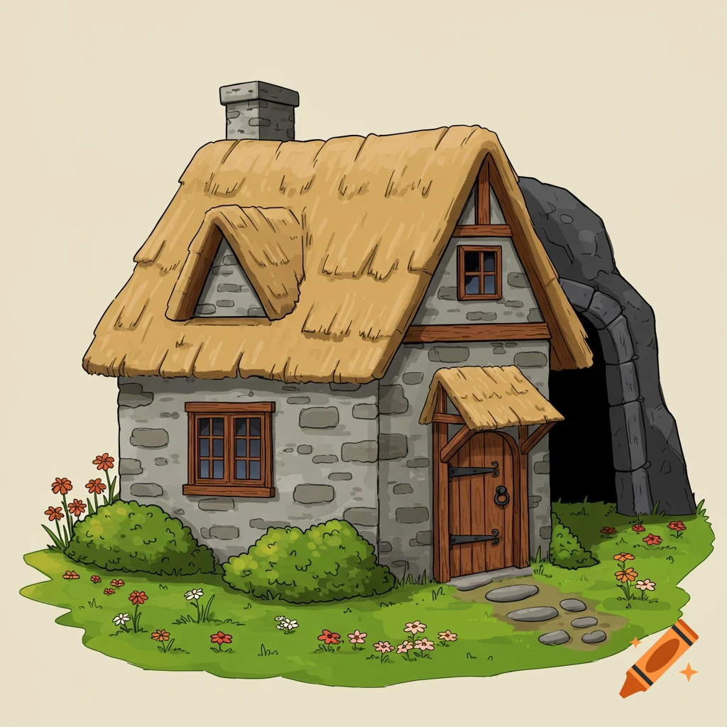 Cartoon cottage with thatched roof and mine entrance illustration