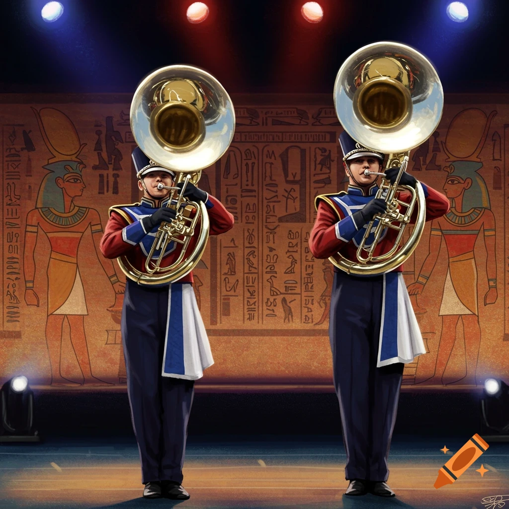 Two marching band members playing large brass instruments on stage with Egyptian-style backdrop.