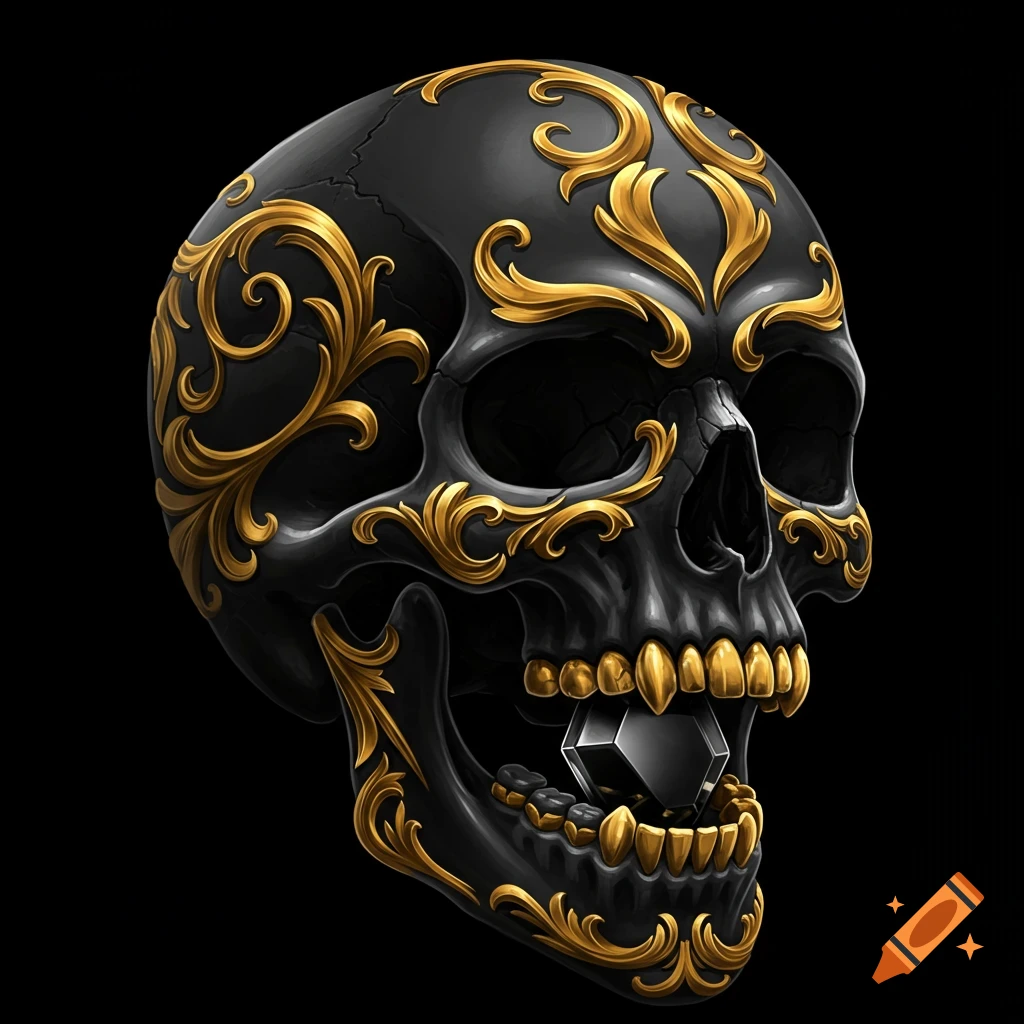 A black skull adorned with gold filigree, holding a black gem in its mouth.