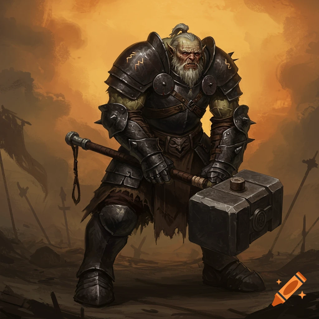 An old half-orc war veteran in armor holding a large war hammer in a battleground.