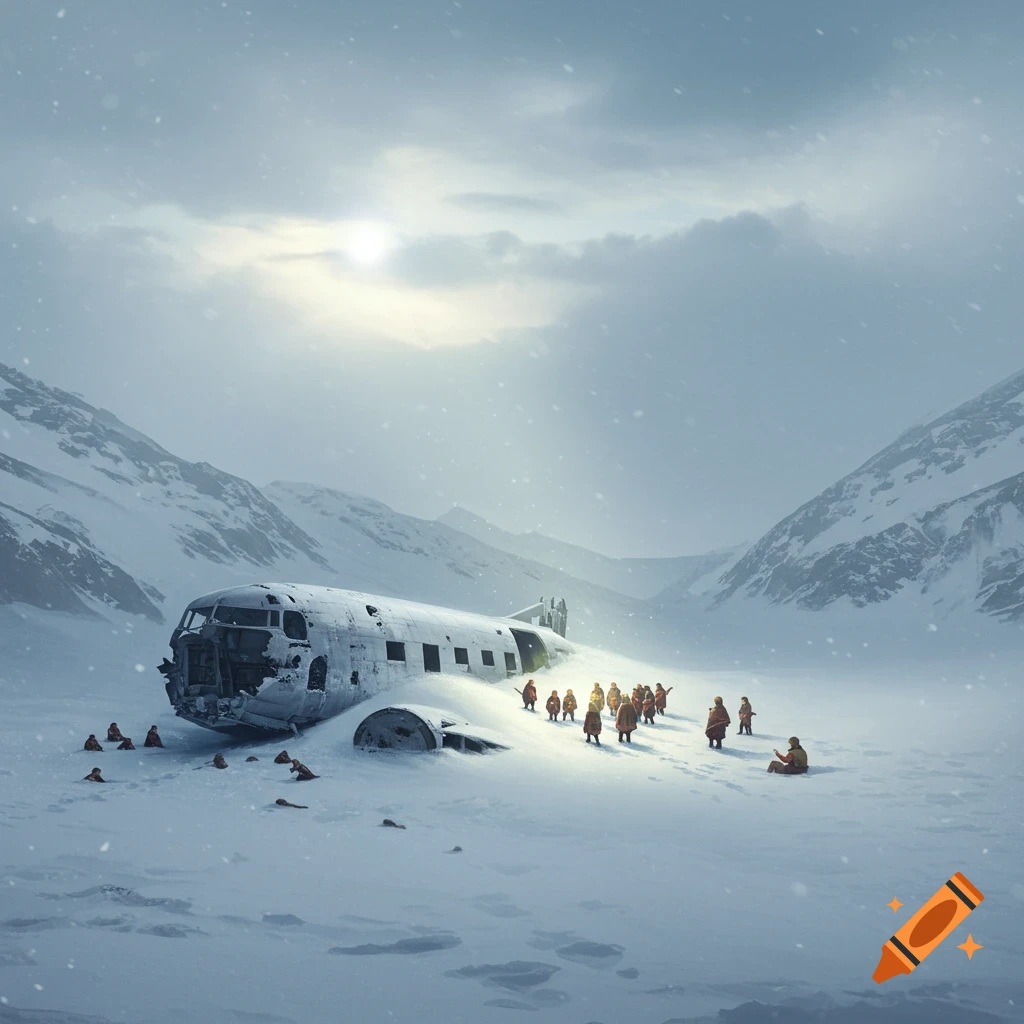 A crashed airplane rests in snowy mountains, with survivors huddled around it.