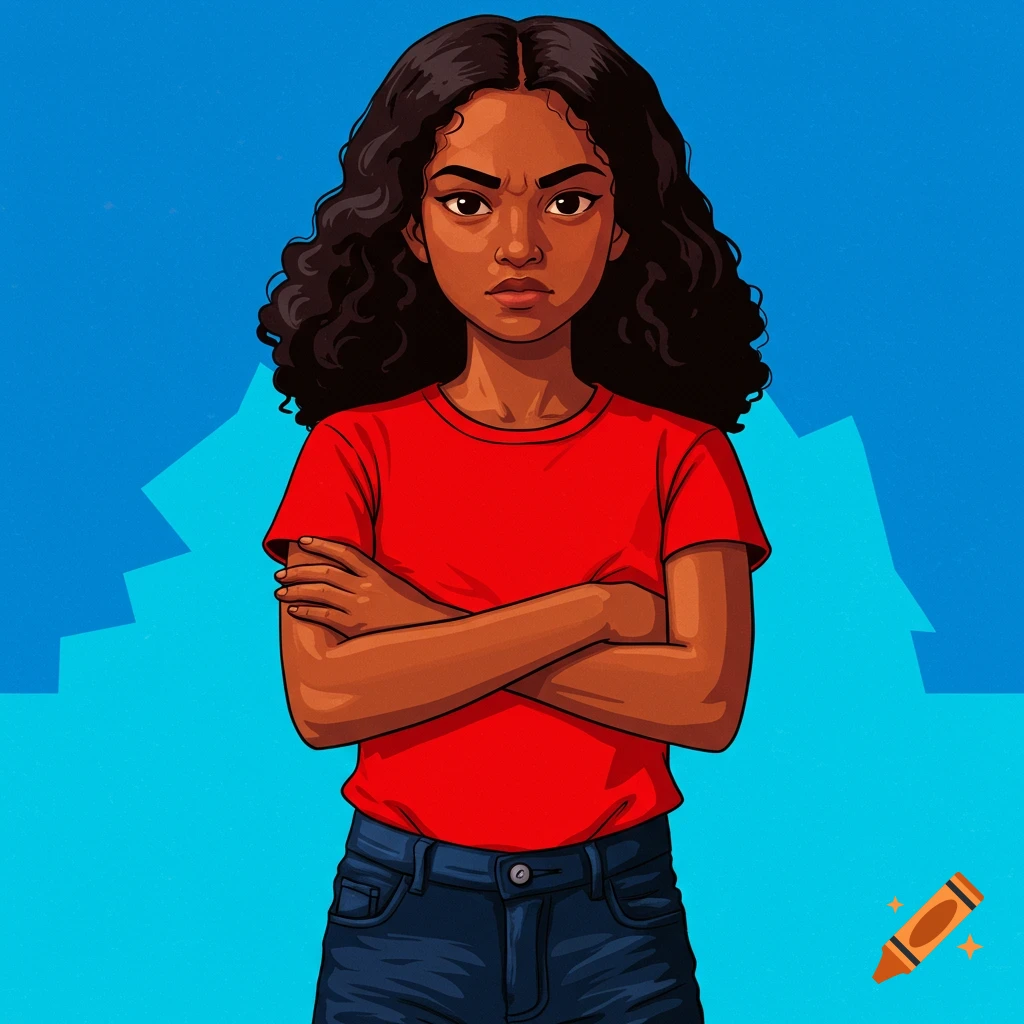 Digital illustration of a girl with crossed arms against a blue background.