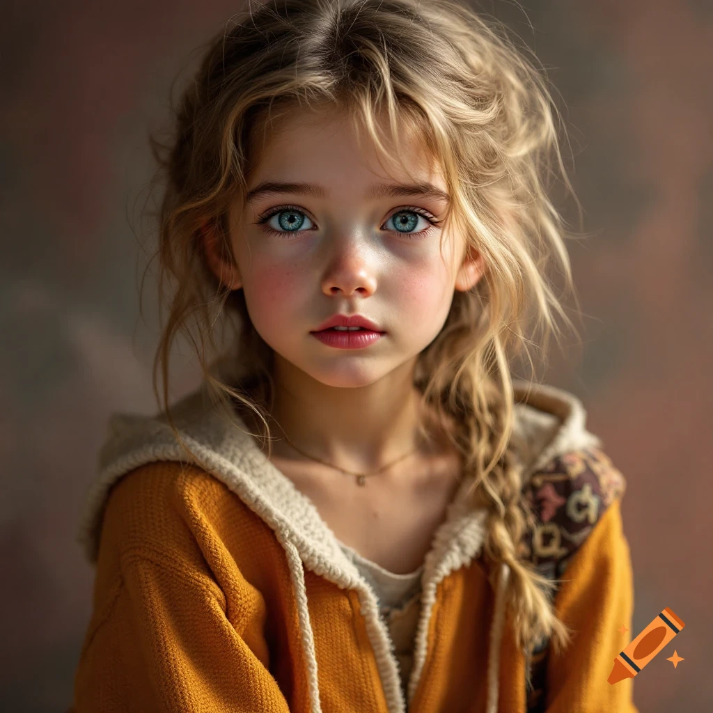 Close-up portrait of a young girl with blue eyes and blond hair wearing a yellow hooded jacket.