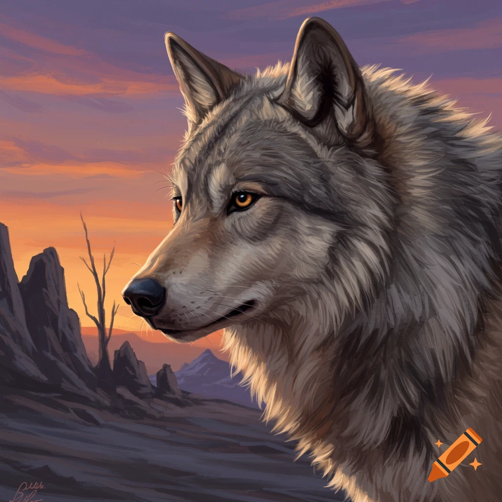 Wolf looking left at sunset in a desert landscape