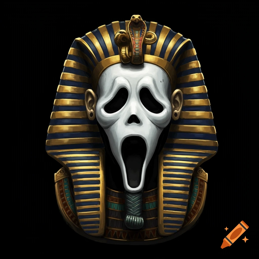 A Scream mask wearing a gold and blue Egyptian Pharaoh headdress