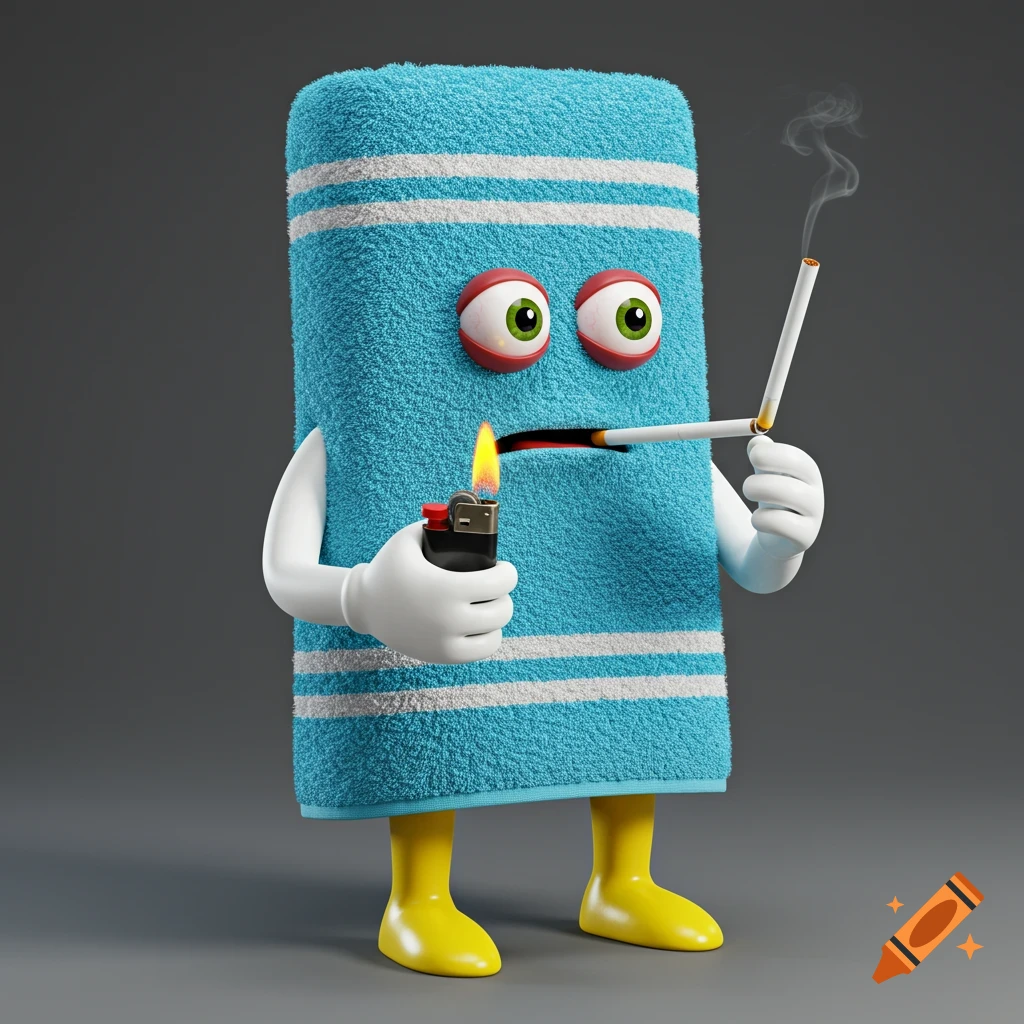 A 3D render of a blue towel character with arms, legs, and eyes lighting a cigarette with a lighter.