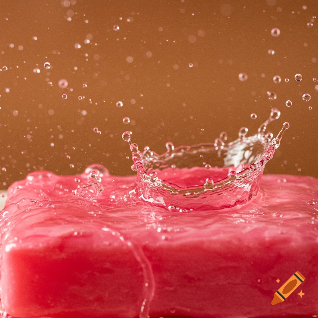 Water splashing on pink soap with droplets