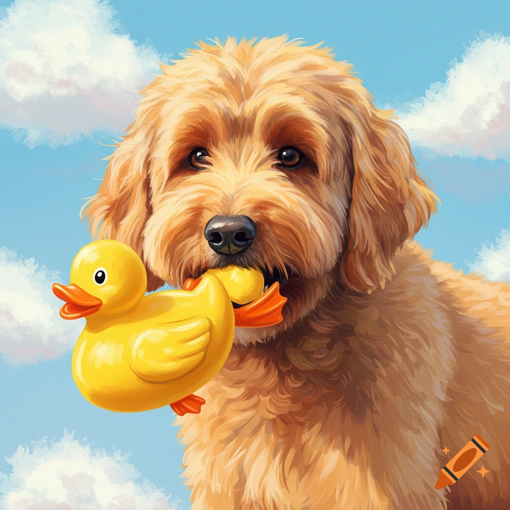 A golden doodle holding a yellow rubber duck