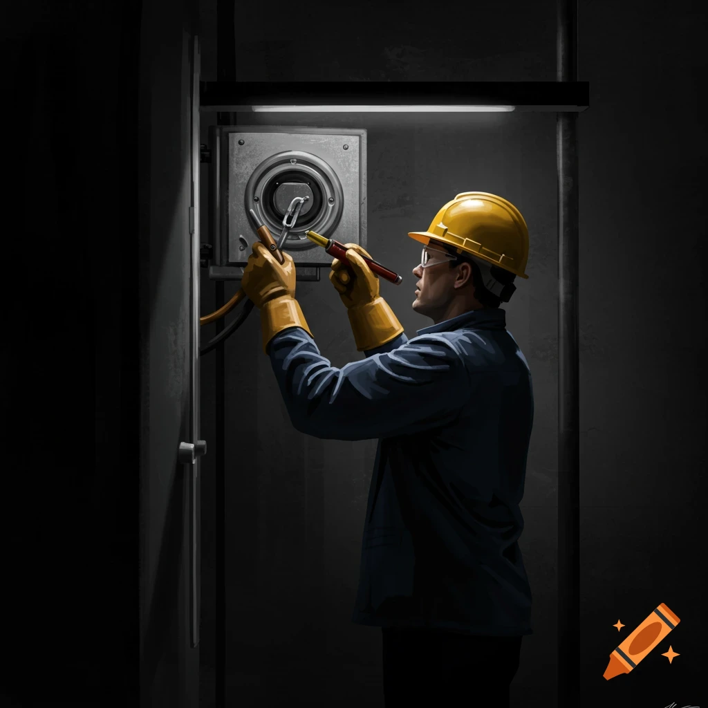 An electrician is working on an electrical box in a dark room.