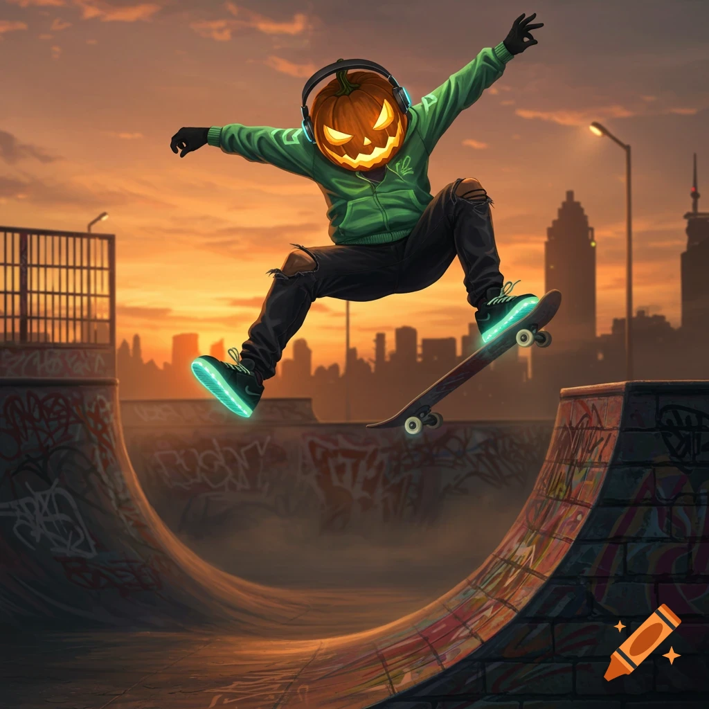 Pumpkin carved with a tech skater design