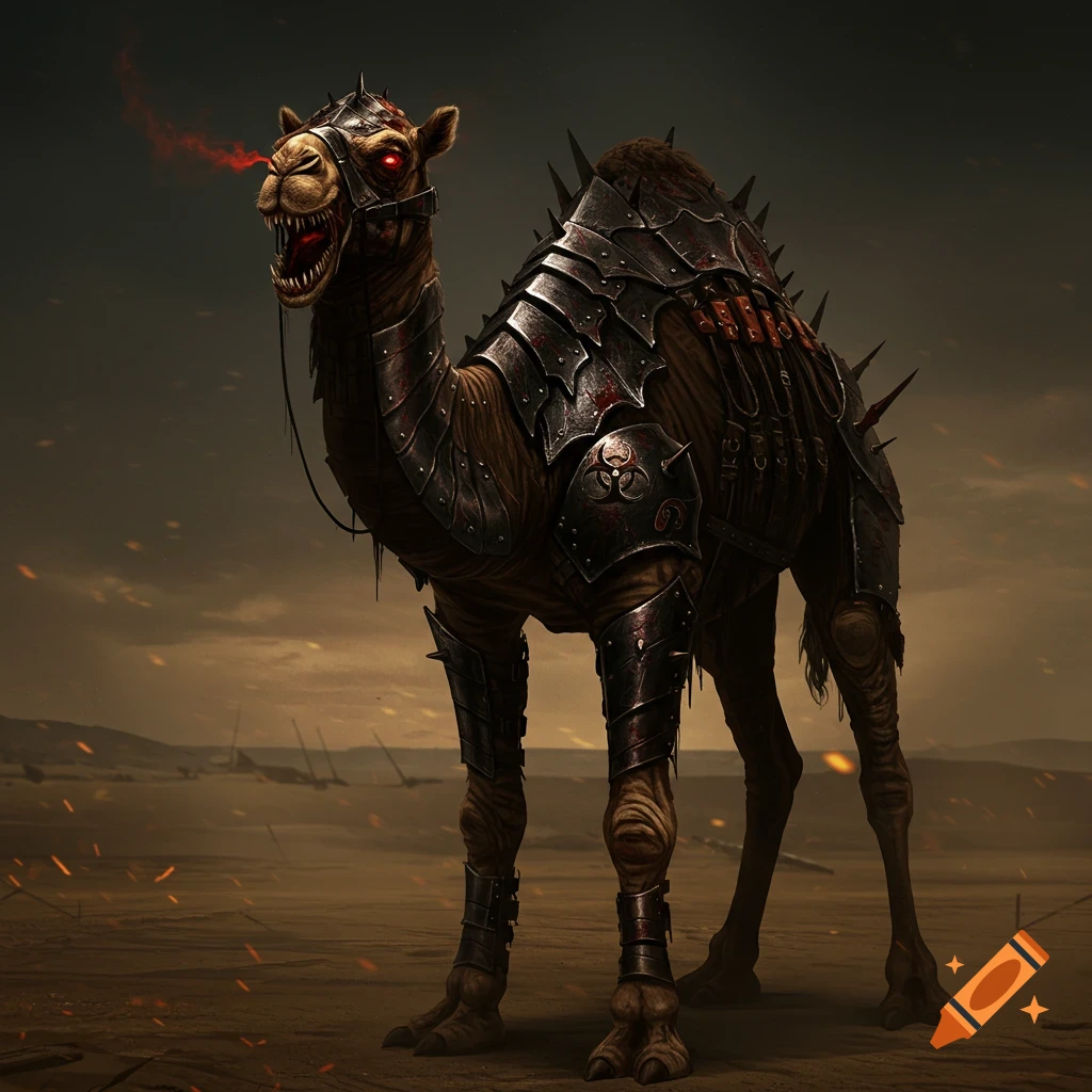 Monstrous armored camel with glowing red eyes shooting lasers in a desert landscape.