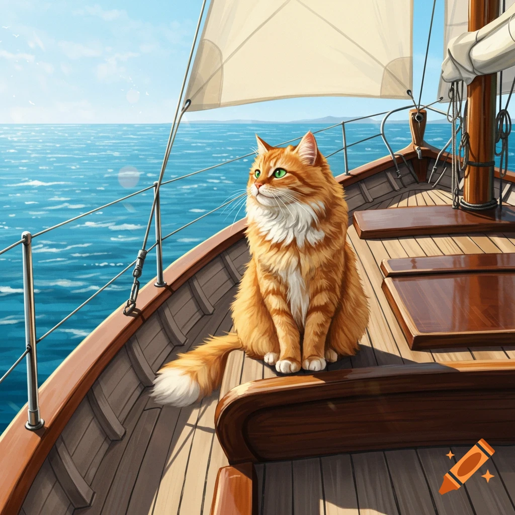 An orange cat is sitting on the deck of a sailboat at sea