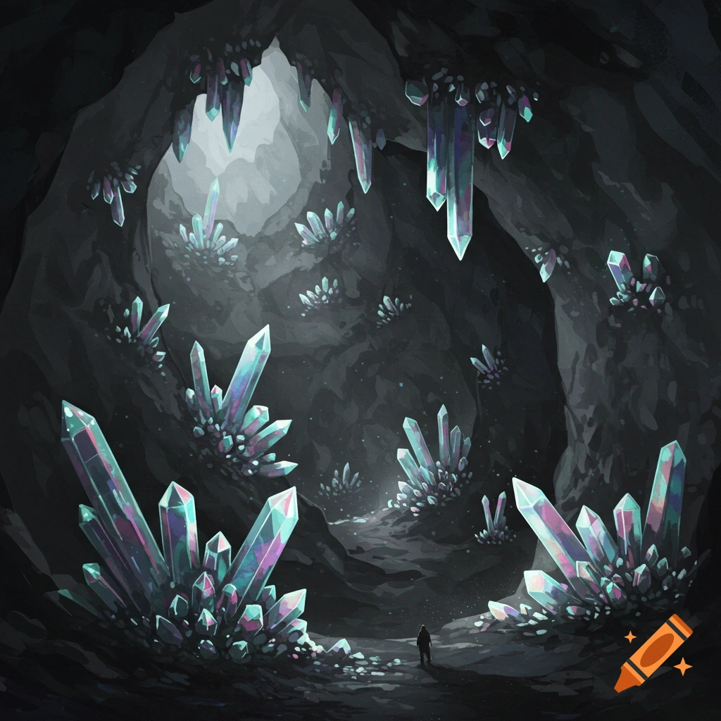 A cave filled with glowing crystals and a small figure exploring.