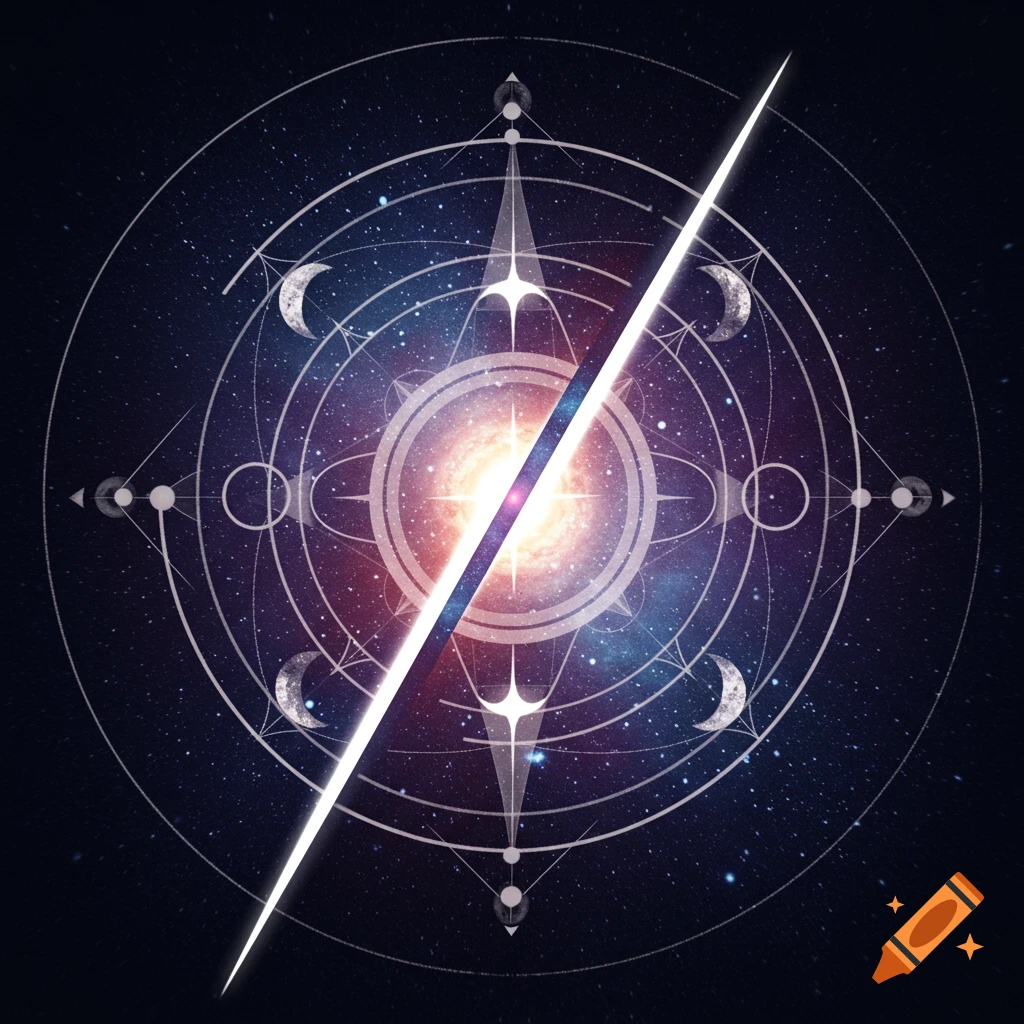 Geometric celestial symbol with galaxy background and crescent moons, split diagonally by a white line.