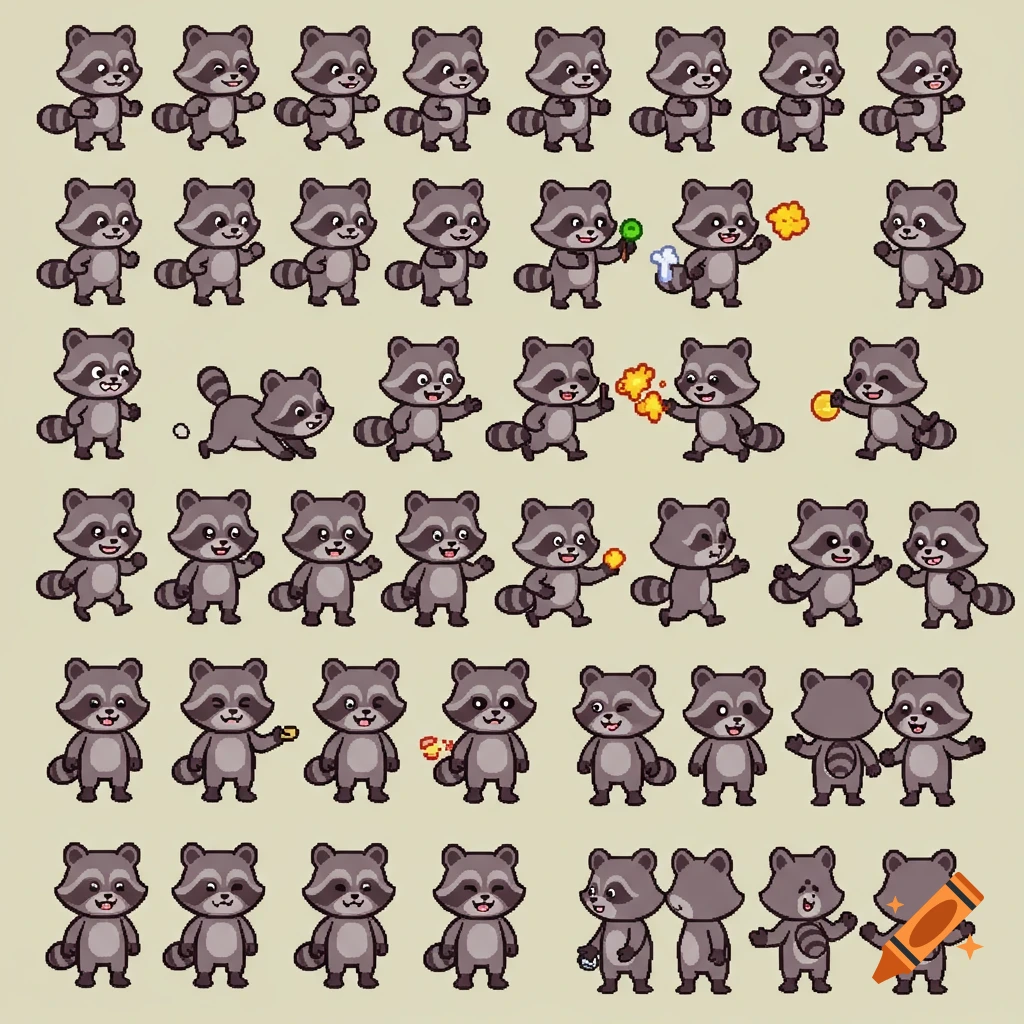 2D pixel art sprite sheet of a cartoon raccoon character in different poses.
