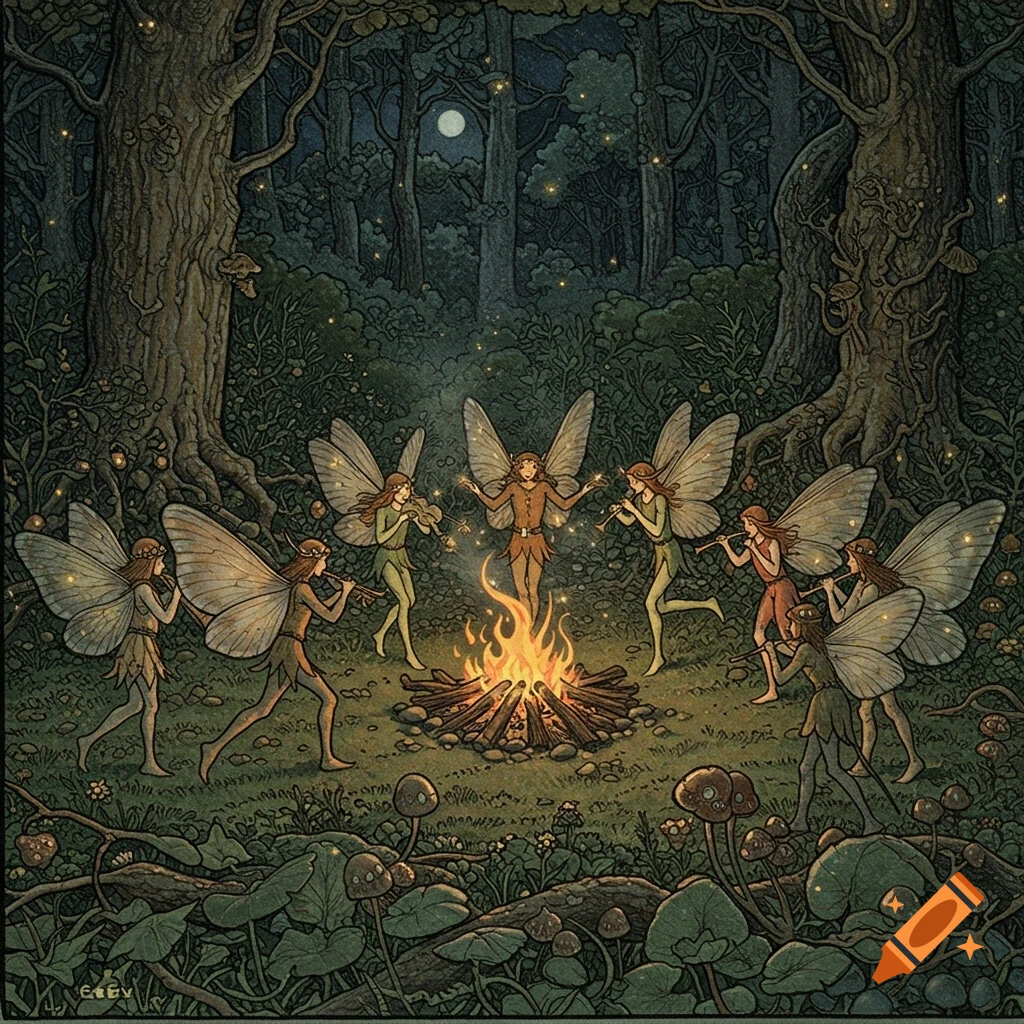 Woodland fairies dance and play instruments around a campfire in a dark forest under moonlight. Fantasy illustration style.