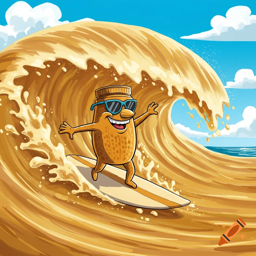 A cartoon peanut butter jar character wearing sunglasses surfs a wave of peanut butter.