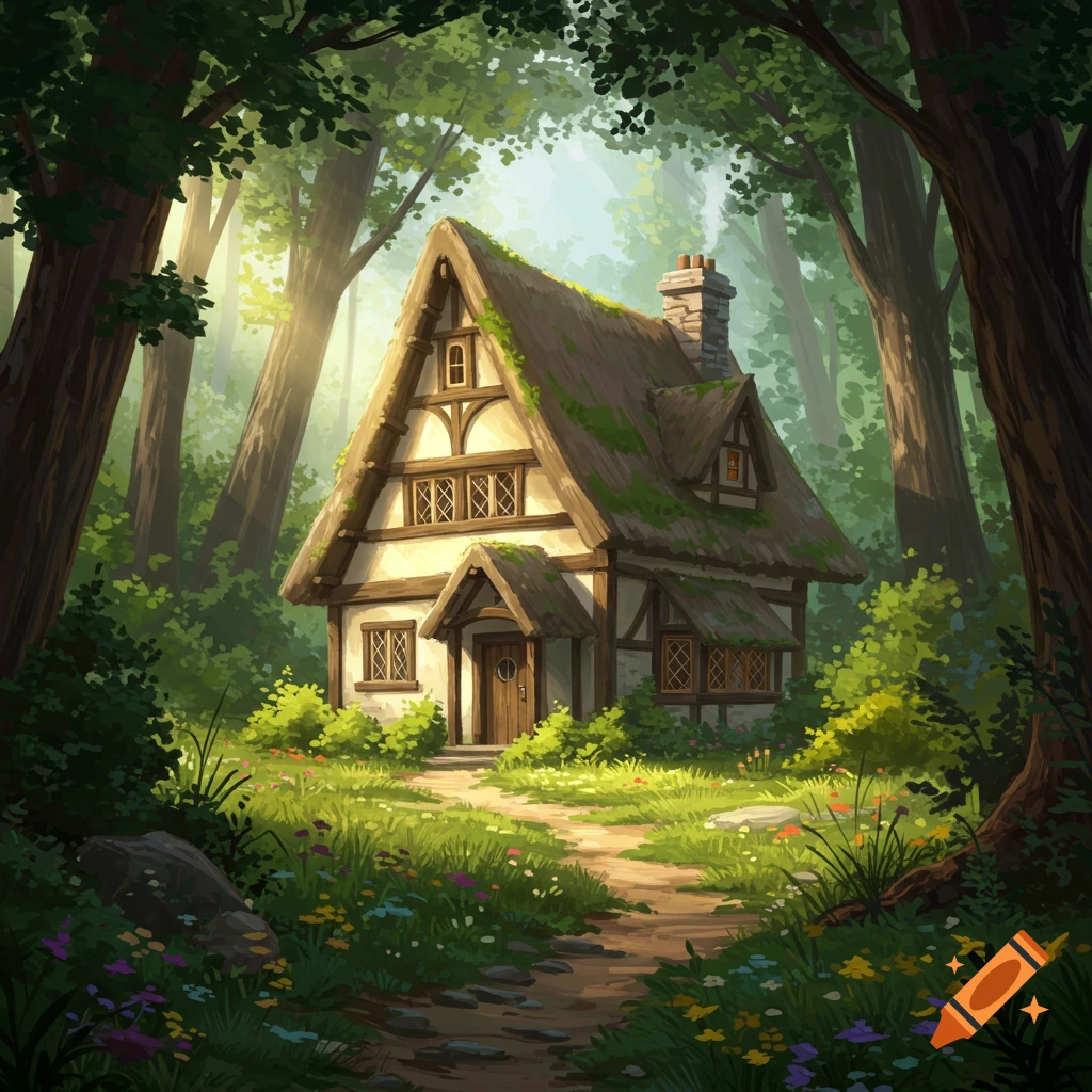 A small, thatched-roof cottage nestled in a sunlit forest clearing along a winding path.