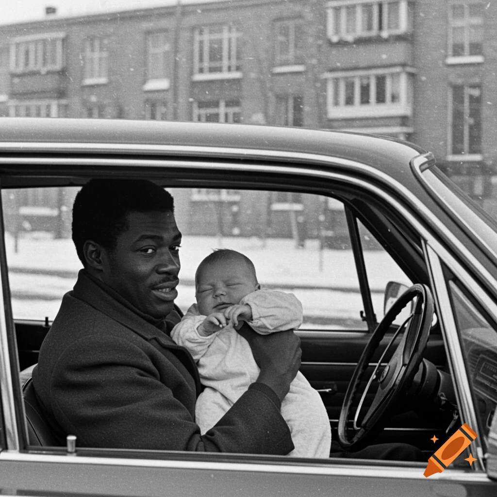 Black man holding a baby in a car while it snows outside.