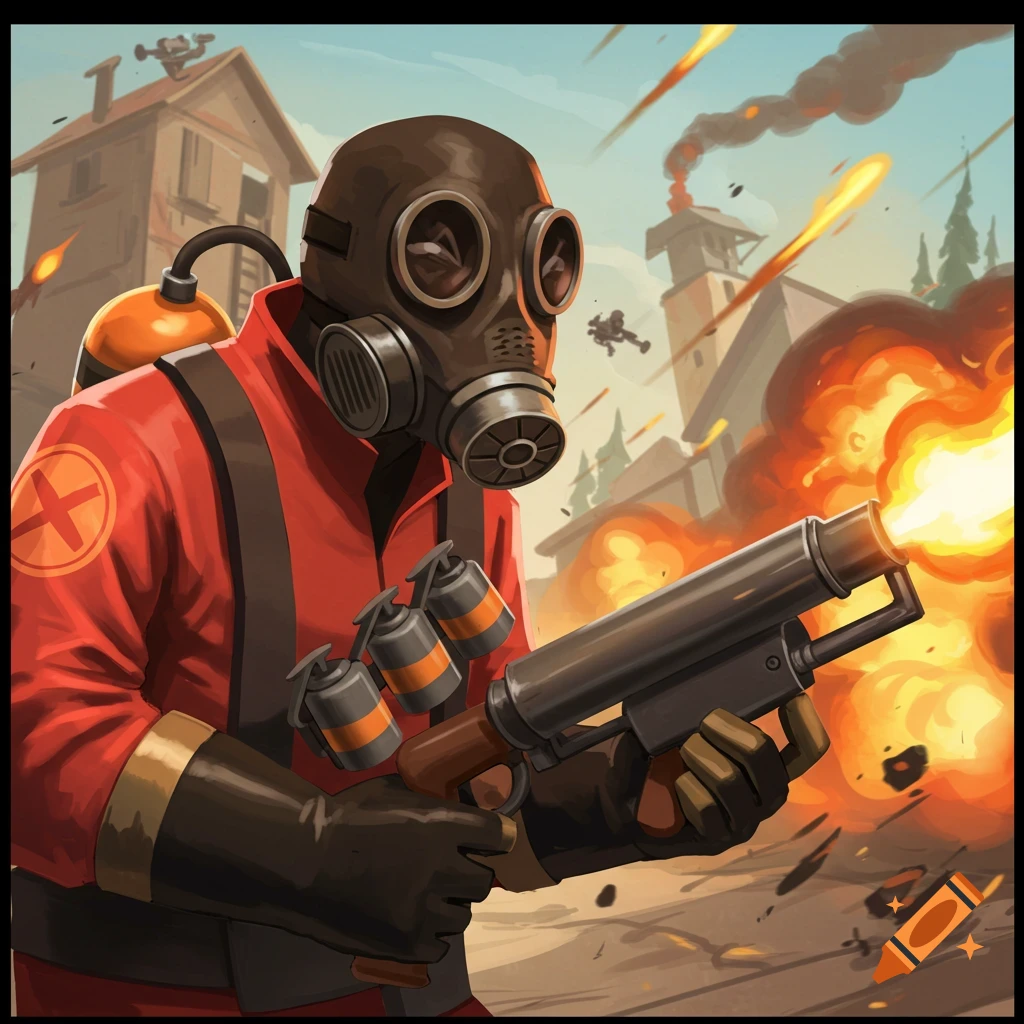 Team Fortress 2 Pyro firing a flamethrower in a battle scene.