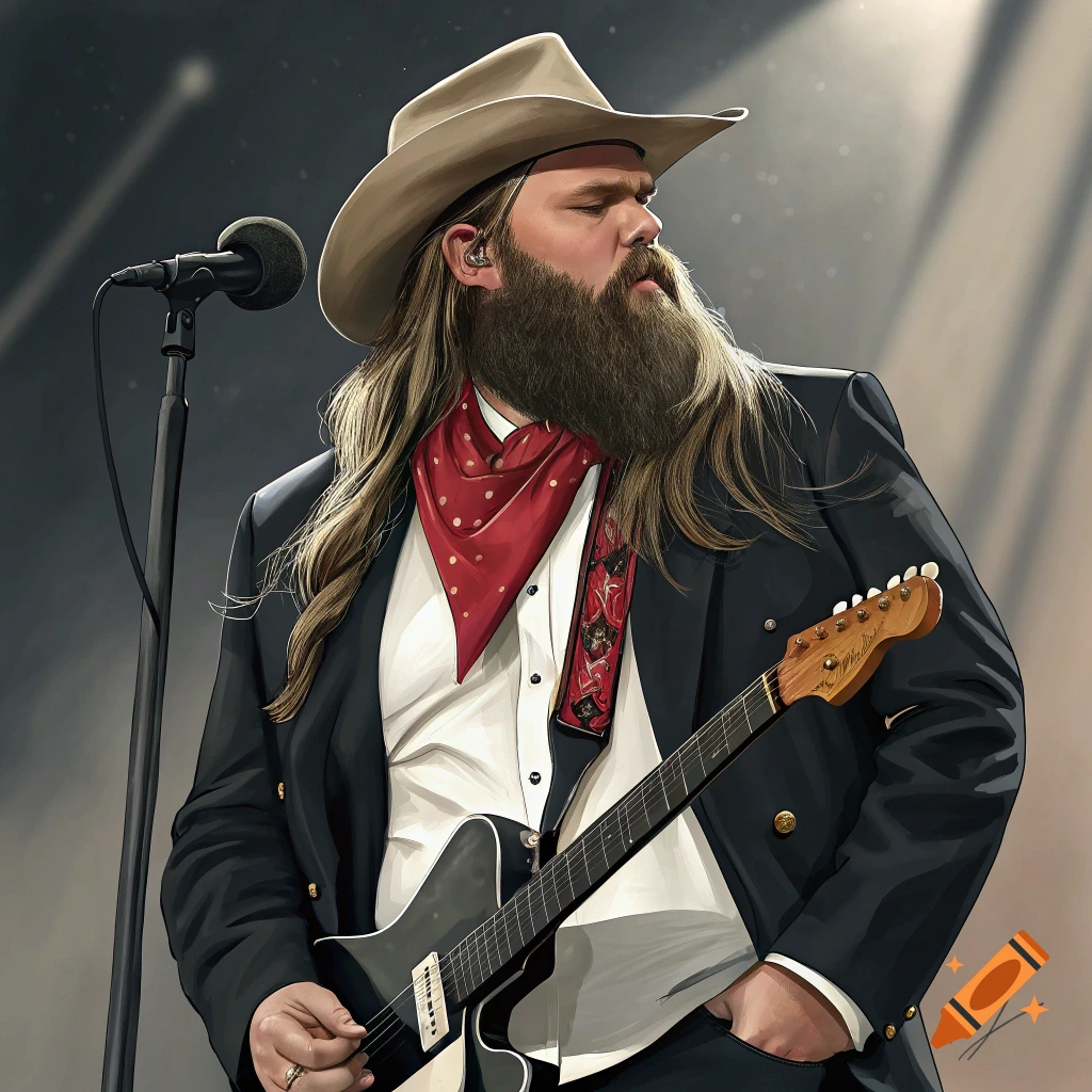 Chris Stapleton-like figure with beard, hat, and suit playing guitar on stage, painterly style.
