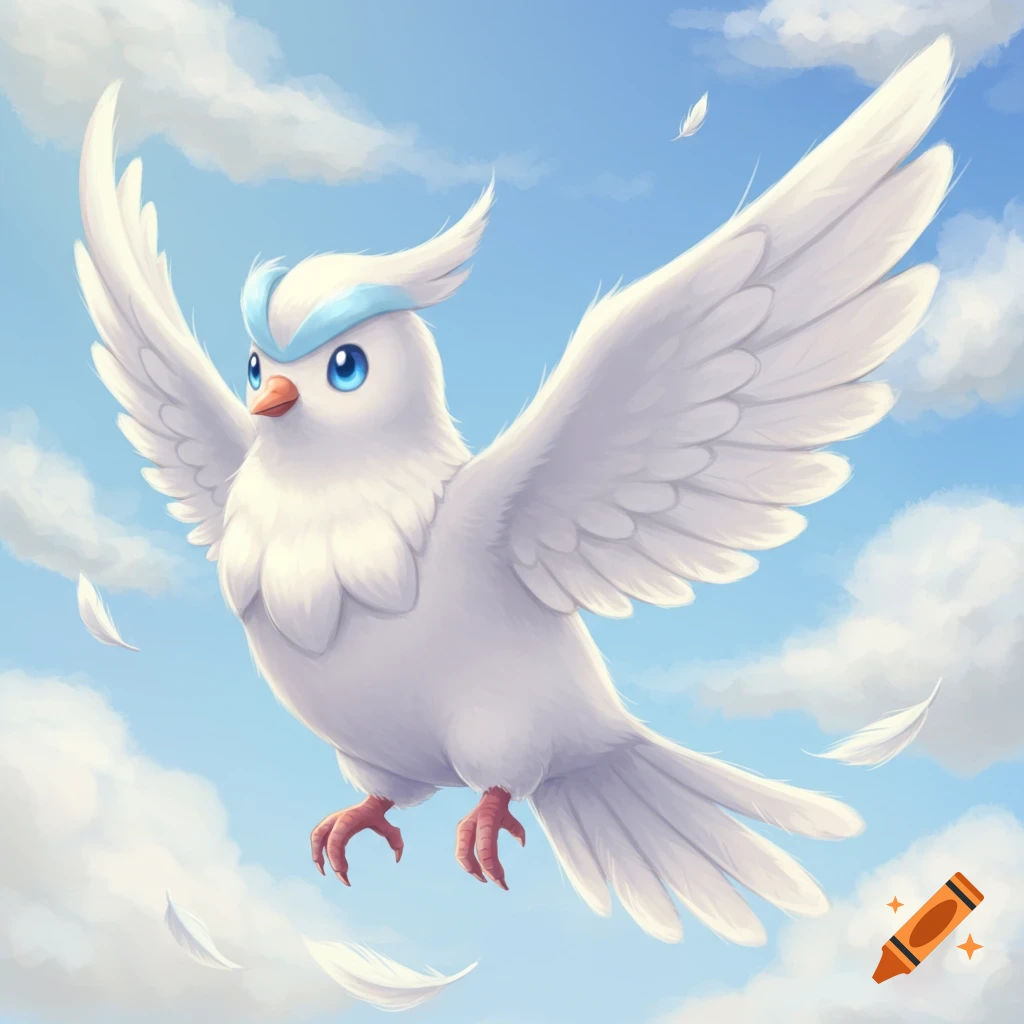 A white bird with blue markings flying in a bright blue sky with clouds and floating feathers.