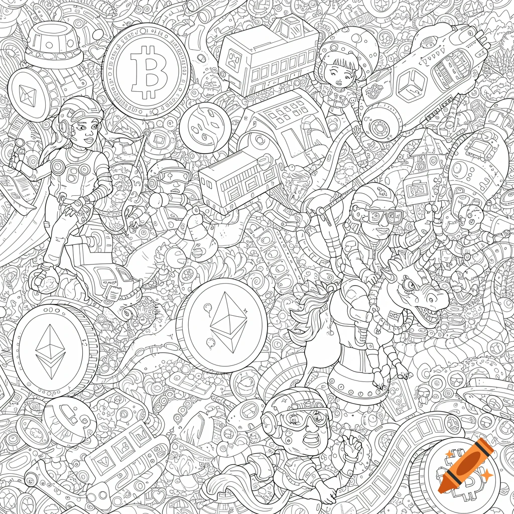Detailed black and white line art coloring book scene with crypto symbols, futuristic characters, robots, and fantasy creatures.