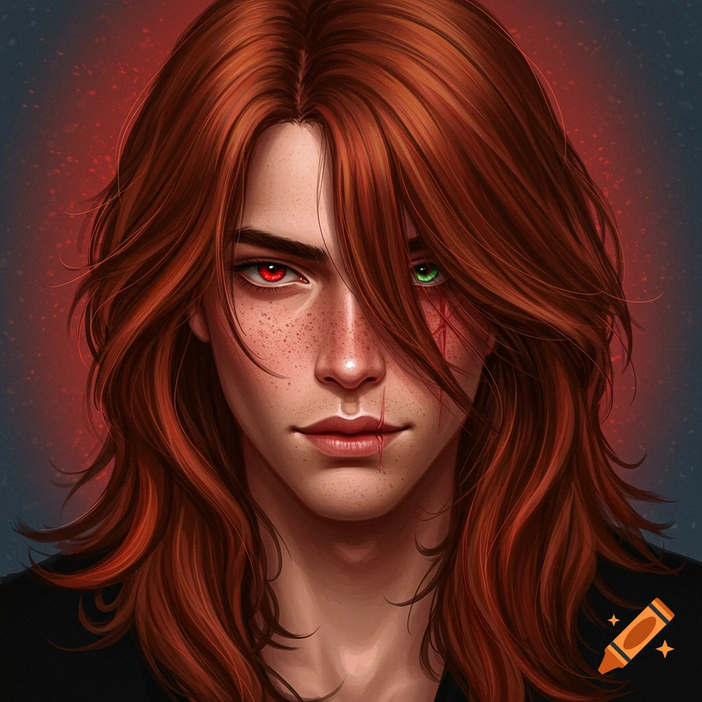 A person with long red hair, heterochromia, freckles, and scars.