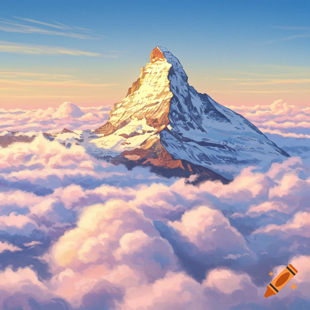 A snow-capped mountain peak rising above pink and white clouds at sunset.