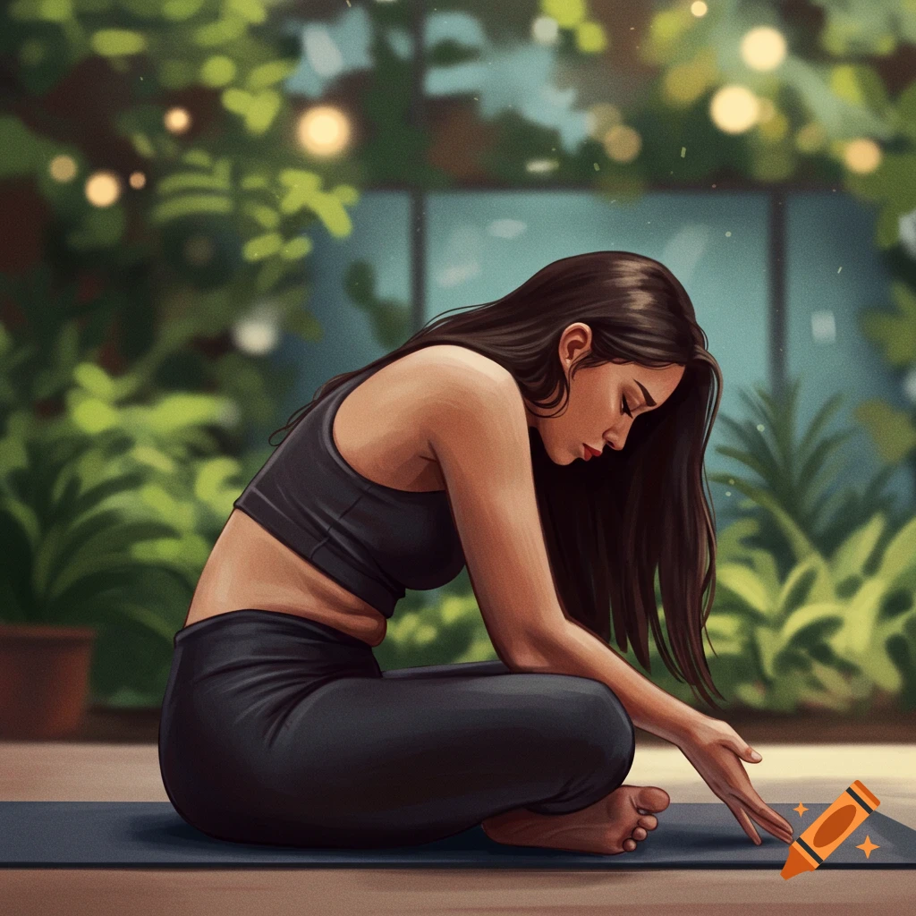 A woman is sitting on a yoga mat indoors, looking down sadly.