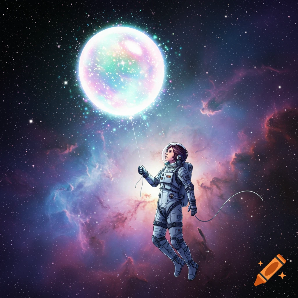 An astronaut floats in space, holding a large, glowing, iridescent balloon amidst a field of stars and nebulae.
