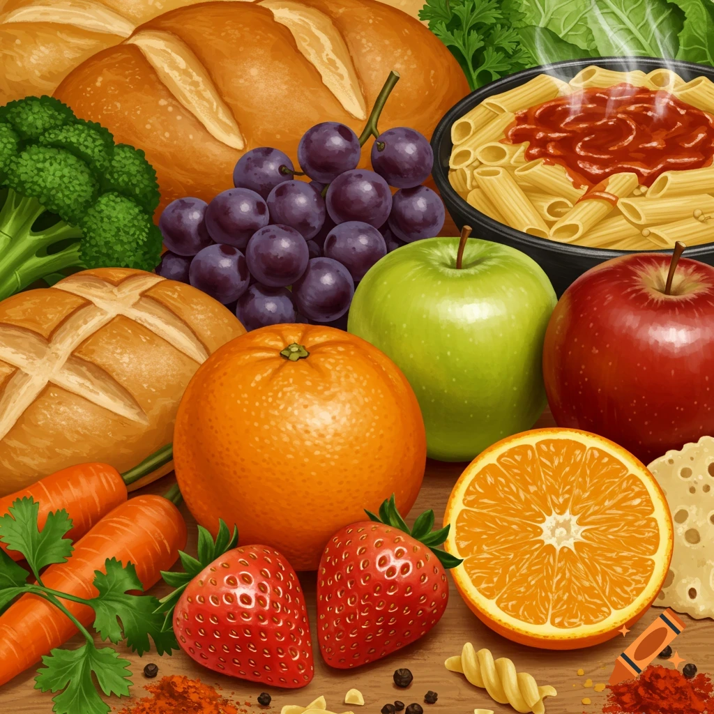 A variety of foods are depicted, including bread, fruit, pasta, and vegetables.