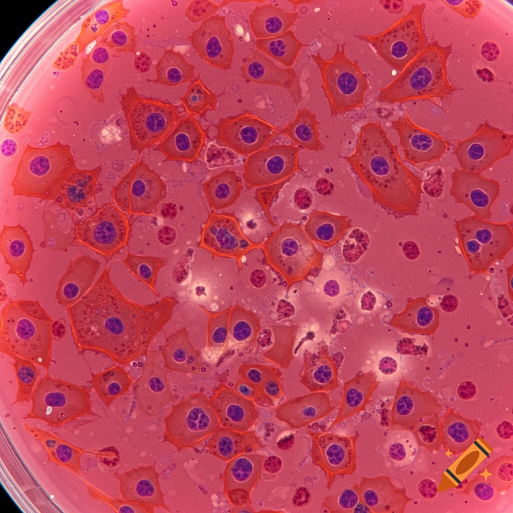 Microscopic view of mammalian cells in a petri dish, stained pink with purple nuclei