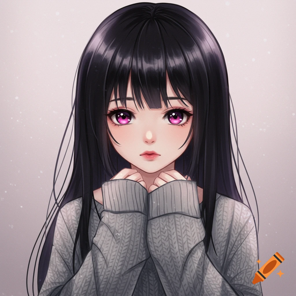 Anime girl with black hair and pink eyes wearing a grey sweater.