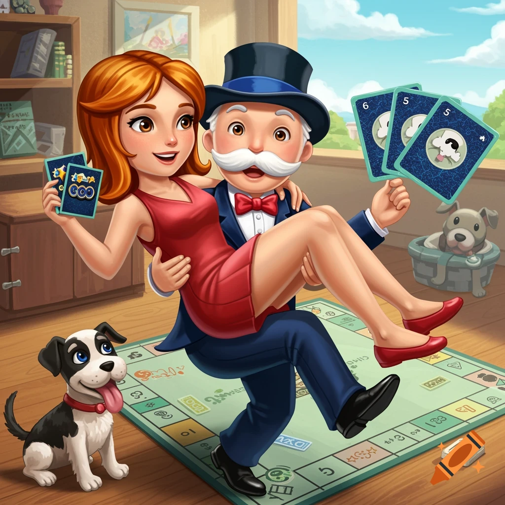 Mr. Monopoly carries Ms. Monopoly over board in cartoon style, with dogs and cards.