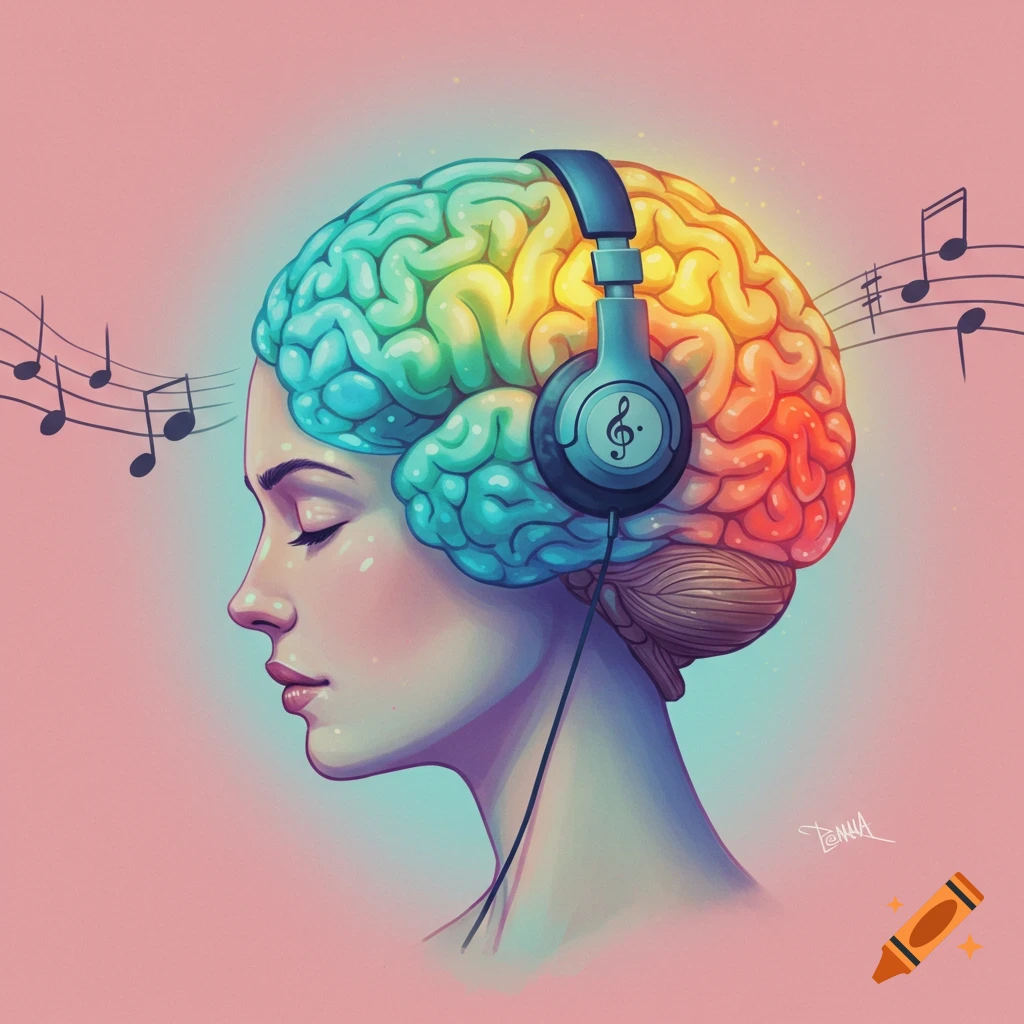 A woman's head in profile with a colorful brain wearing headphones, surrounded by music notes.