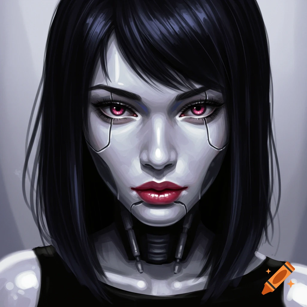 A robot woman with cybernetic implants and pink eyes, looking forward.