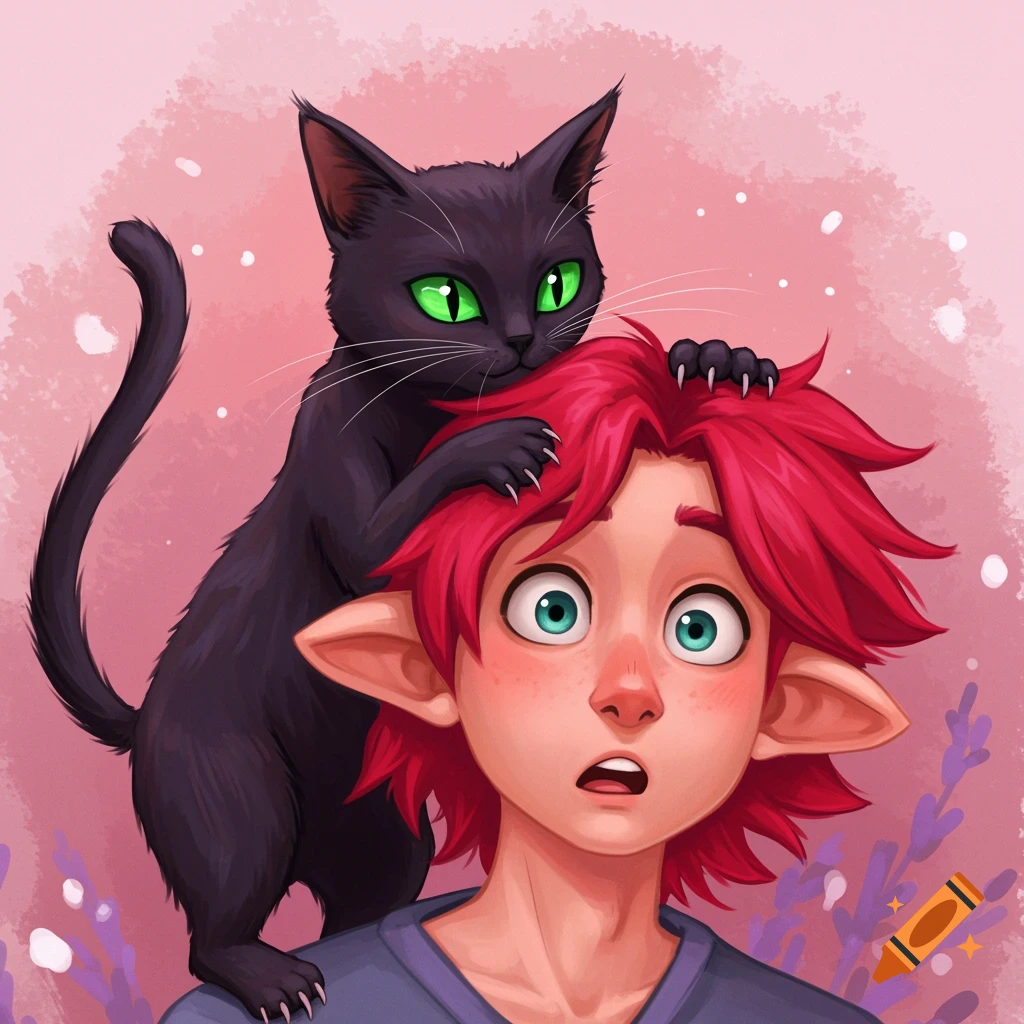 Whimsical digital art of a black cat on a person's head with red hair and pointed ears.