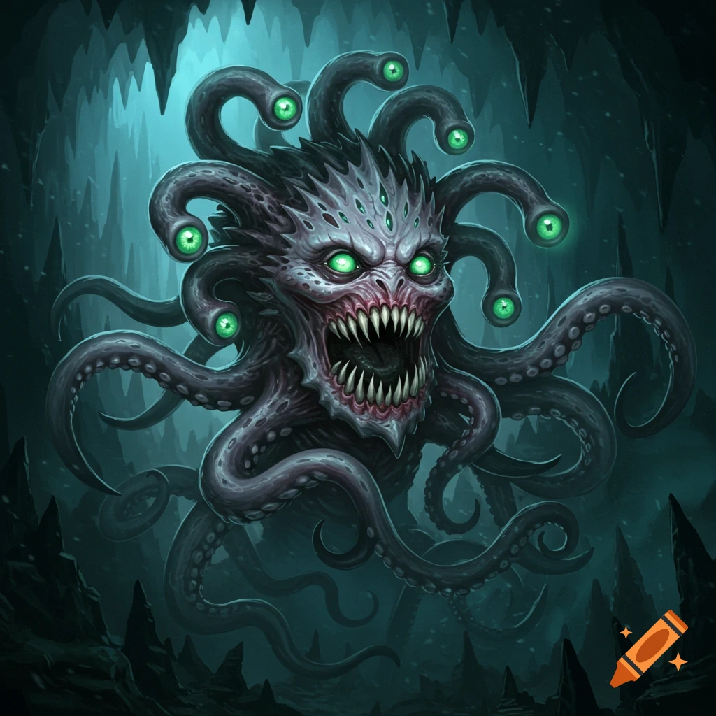 A fantasy monster with multiple eyes and tentacles is in a dark cave.