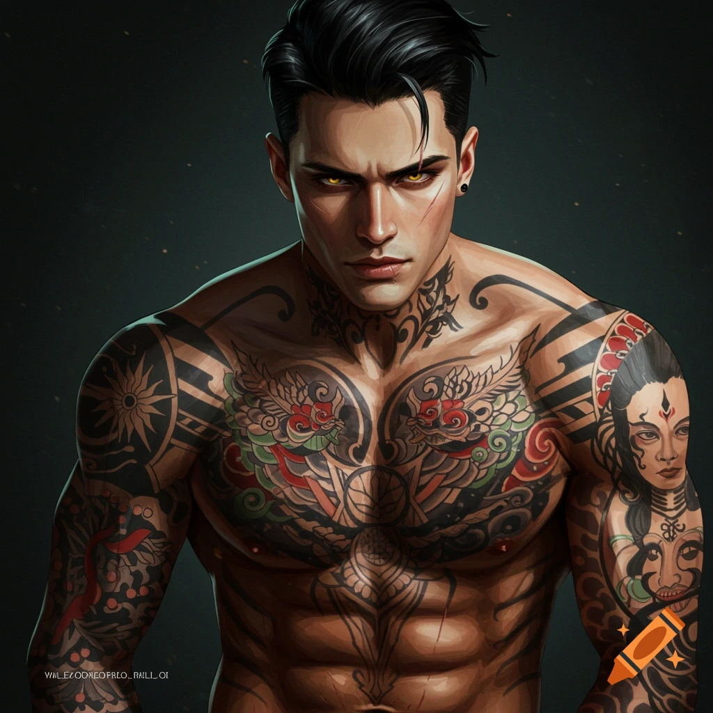 Handsome Man With Black Hair Side Part Hairstyle Full Body Tattoo 